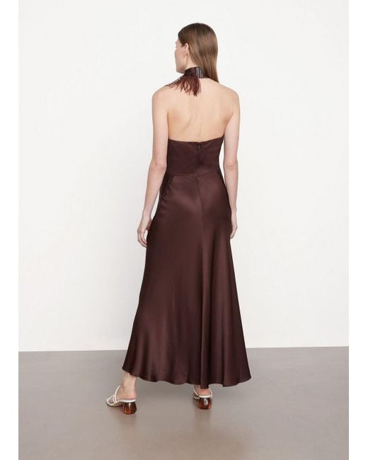 Vince Feather-embellished Drape-neck Halter Dress in Brown | Lyst