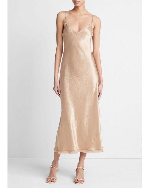 Vince Natural Satin Frayed-edge Bias Camisole Dress, Pale Nut, Size M