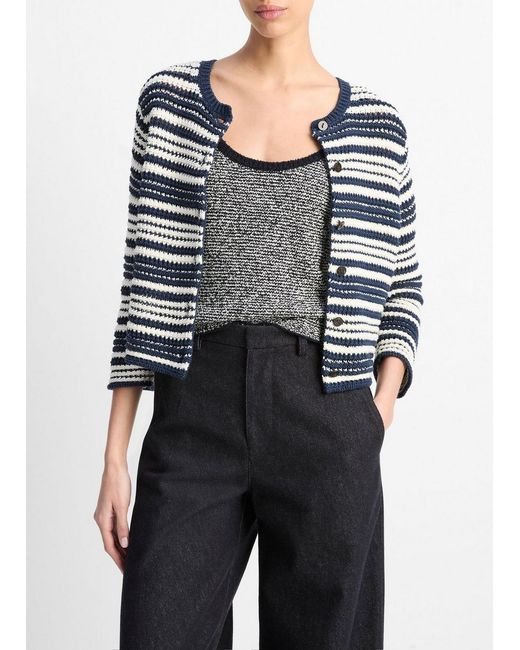 Vince Blue Textured Stripe Italian Cotton Cardigan