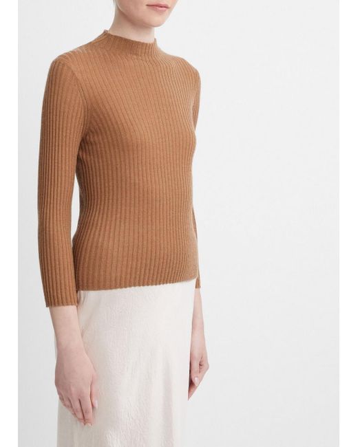 Vince White Ribbed Cashmere-silk Mock Neck Sweater, Brown, Size Xs