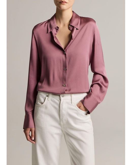 Vince Pink Silk-Blend Slim Button-Front Blouse