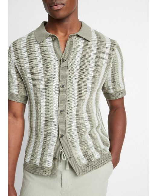Vince Natural Crochet Stripe Short-sleeve Button-front Shirt, Dried Cactus Combo, Size L for men