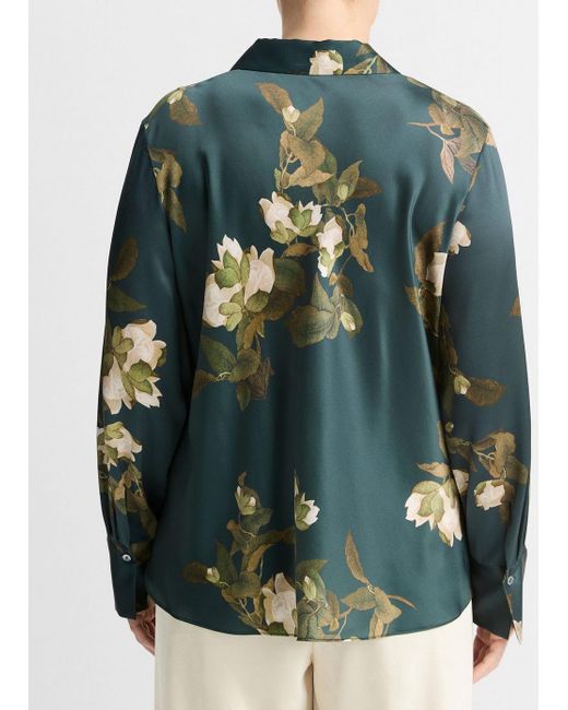 Vince Multicolor Camellia Branch Silk Bias Long-sleeve Blouse, Azurine, Size 1xl