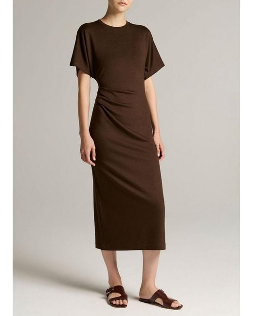 Vince Brown Ruched-Side Knit Short-Sleeve Dress