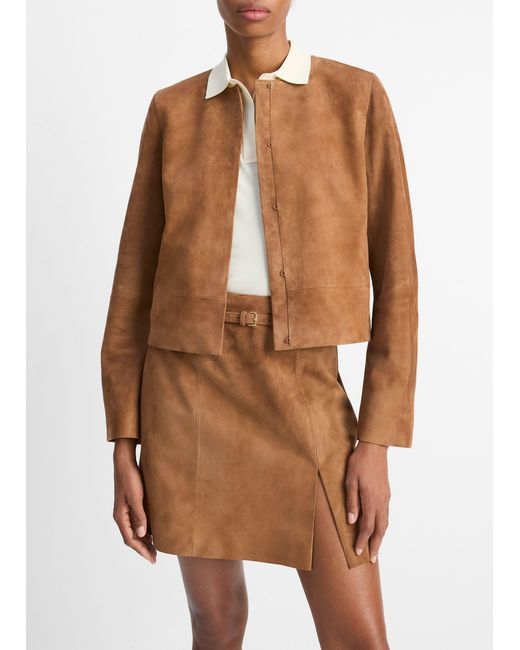 Vince Brown Collarless Cropped Suede Jacket