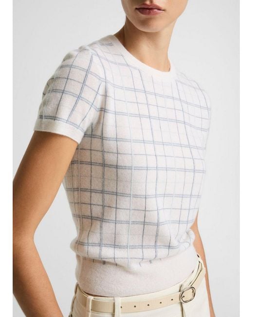 Vince White Plaid Cashmere-Blend Short-Sleeve Sweater