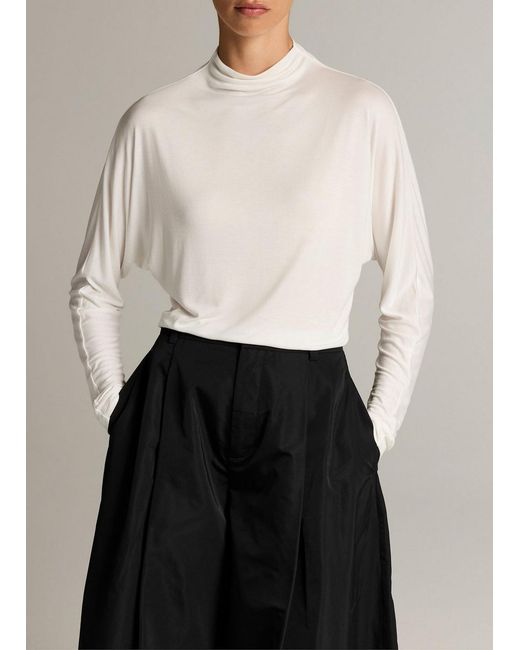 Vince White Draped Funnel-Neck Dolman-Sleeve Top