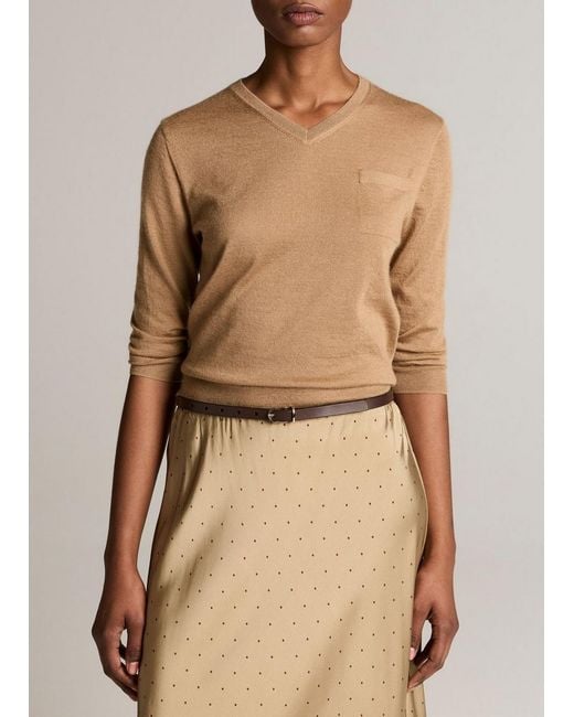 Vince Natural Cashmere-Silk Pocket V-Neck Sweater