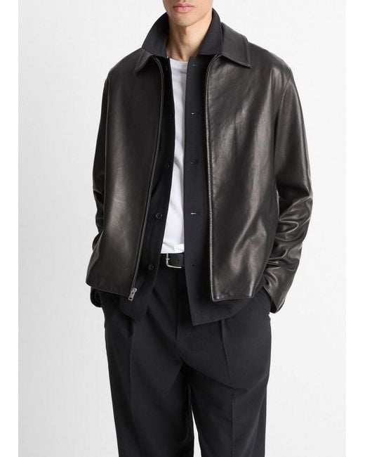 Vince Black Leather Zip-Up Jacket for men
