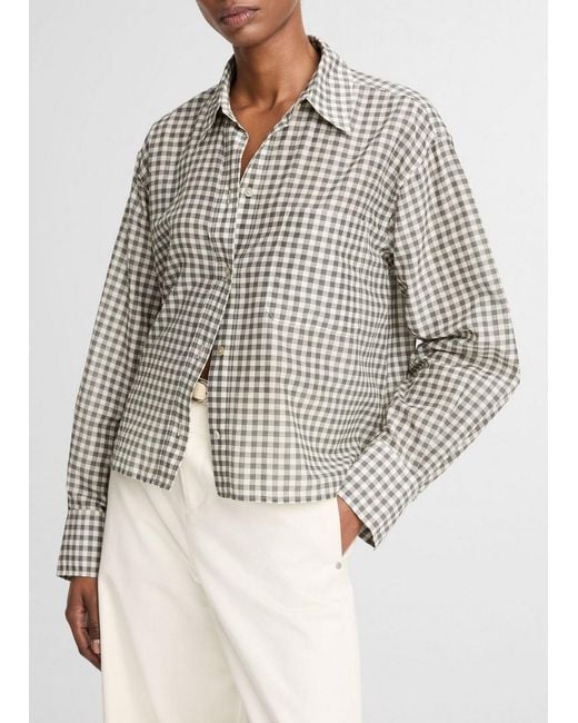 Vince White Gingham Cotton-Silk Cropped Button-Front Shirt