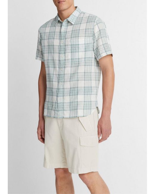 Vince Kino Plaid Linen-cotton Short-sleeve Shirt, Mirage Teal/optic White, Size Xs for men