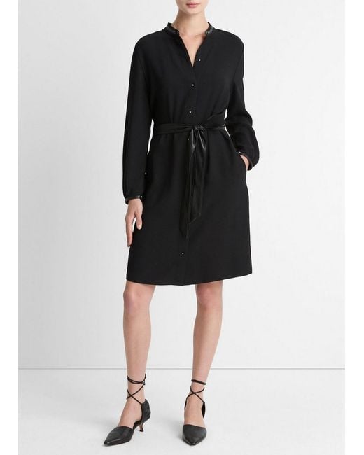 Vince Black Faux-Leather-Trim Crepe Shirt Dress