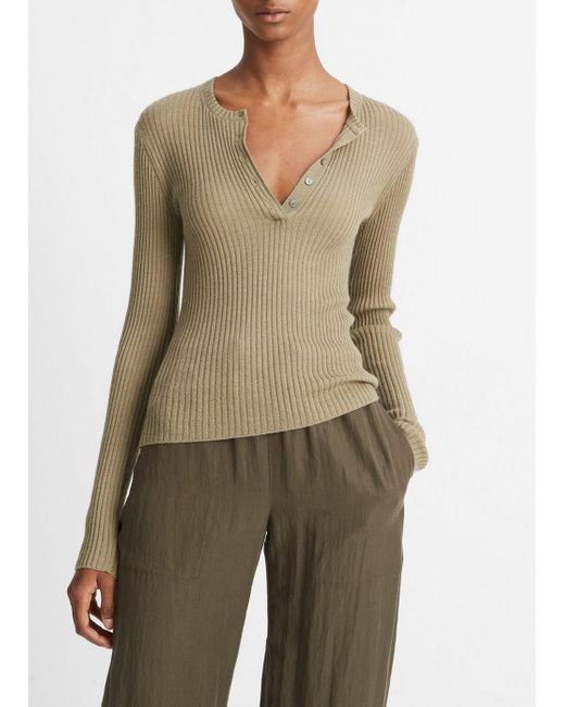 Vince Natural Cashmere-silk Ribbed Henley, Green, Size Xxs