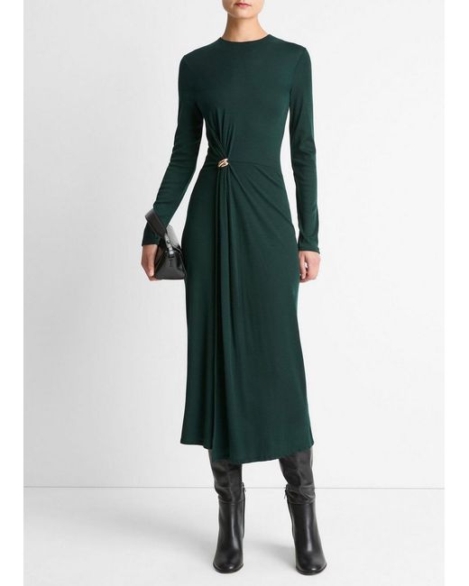 Vince Cinched-Waist Wool-Blend Long-Sleeve Dress in Green | Lyst