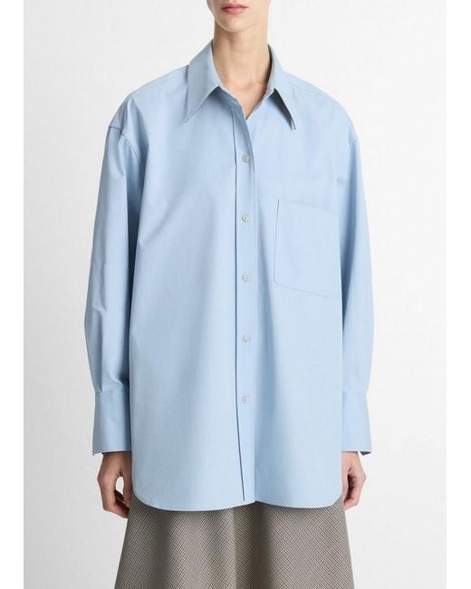 Vince Blue Faux-Leather-Trim Italian Cotton Oversized Button-Front Shirt