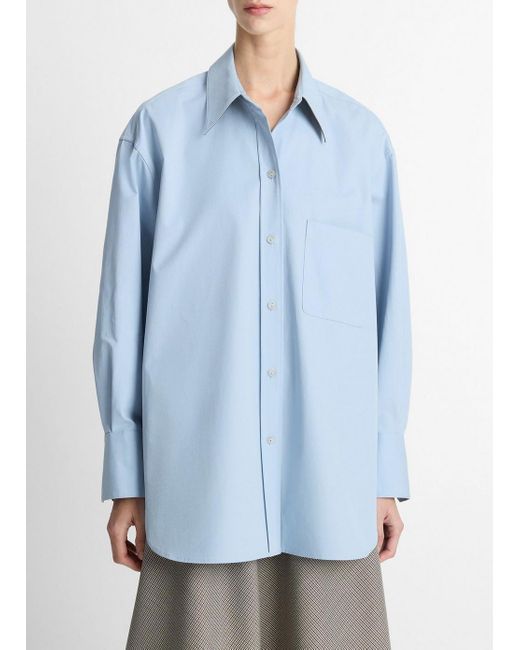 Vince Blue Faux-Leather-Trim Italian Cotton Oversized Button-Front Shirt
