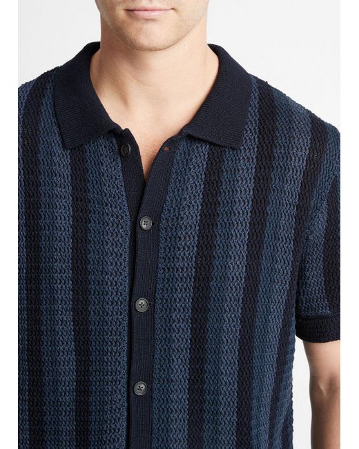 Vince Crochet Stripe Short-sleeve Button-front Shirt, Coastal Blue Combo, Size S for men