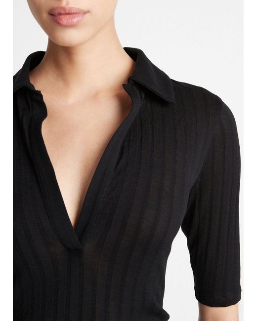 Vince Cotton Elbow-sleeve Polo Shirt, Black, Size Xl