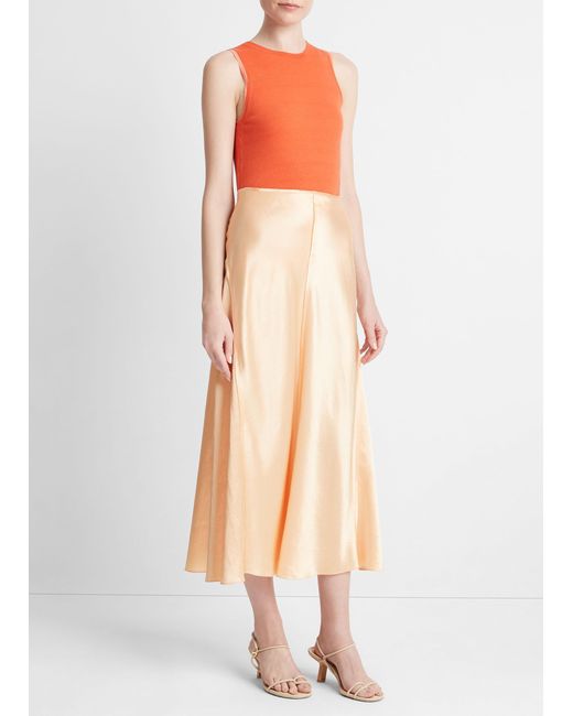 Vince Orange Satin Raw-edge Paneled Slip Skirt, Cantaloupe, Size 4