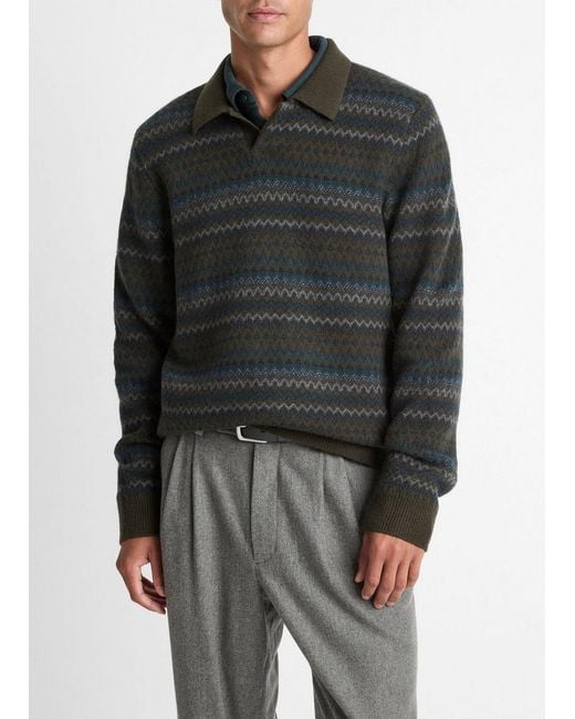 Vince Gray Fair Isle Wool-Cashmere Johnny-Collar Sweater for men