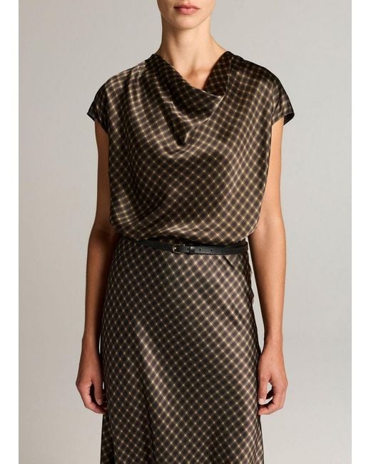 Vince Brown Ombré Plaid Silk Satin Cowl-Neck Blouse