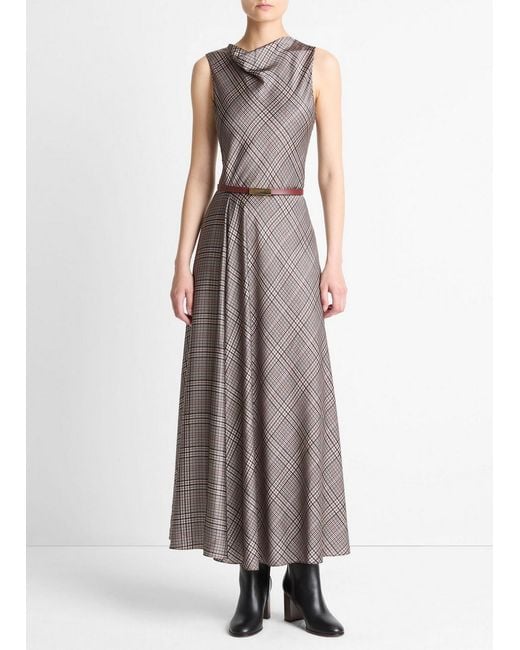 Vince Brown Pressed Plaid Satin Cowl-Neck Dress