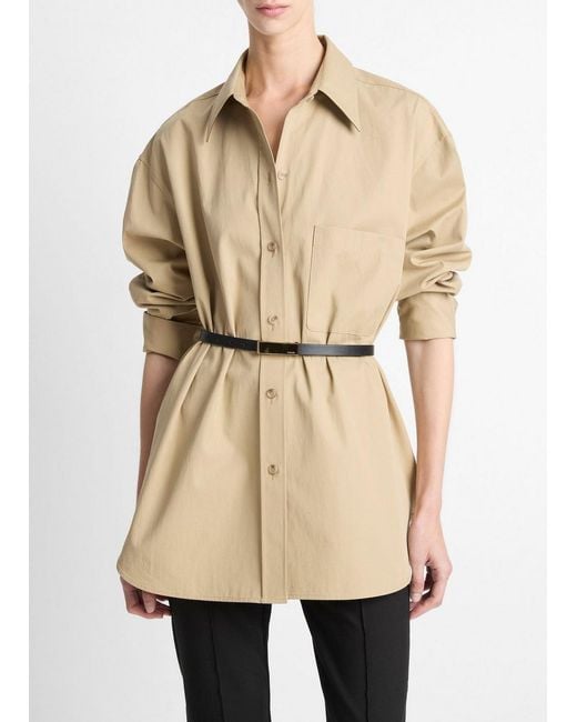 Vince Natural Faux-Leather-Trim Italian Cotton Oversized Button-Front Shirt