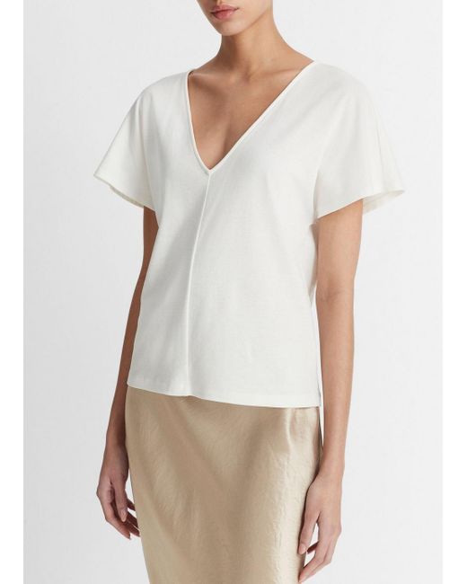 Vince Natural Cotton Flutter Dolman-sleeve V-neck T-shirt, Off White, Size S