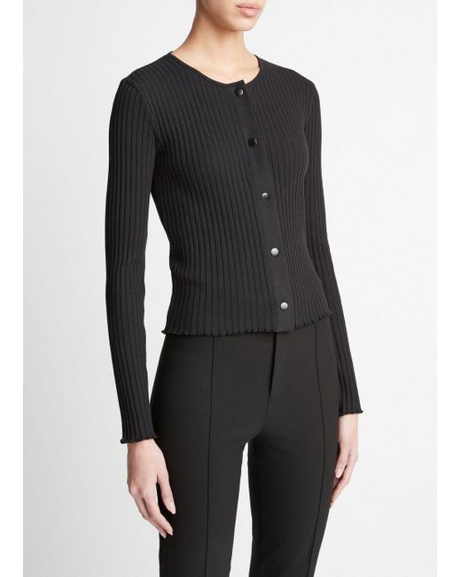 Vince Ribbed Snap-front Long-sleeve Top, Black, Size S