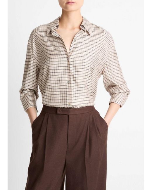 Vince Brown Smocked Micro-Check Button-Front Shirt