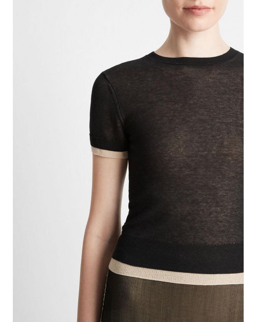 Vince Multicolor Double-layer Knit T-shirt, Black/oat Sand Combo, Size Xxs