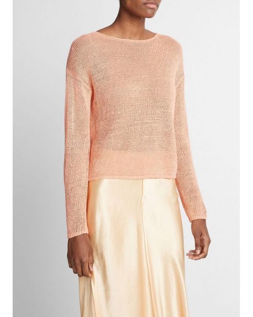 Vince Natural Italian Linen Drop-shoulder Pullover Sweater, Coral, Size M