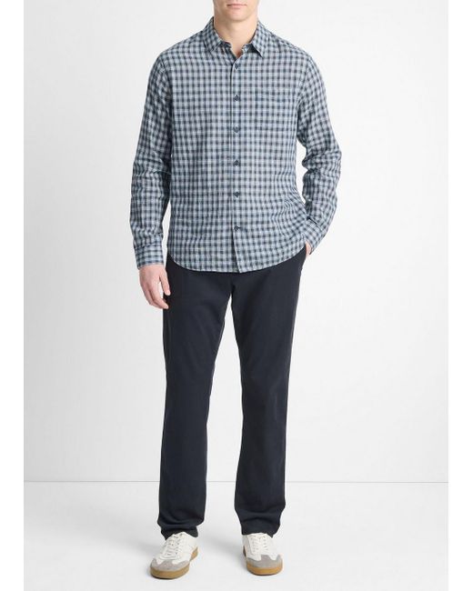 Vince Blue Summit Plaid Linen-Cotton Long-Sleeve Shirt, Venice/ Cloud for men