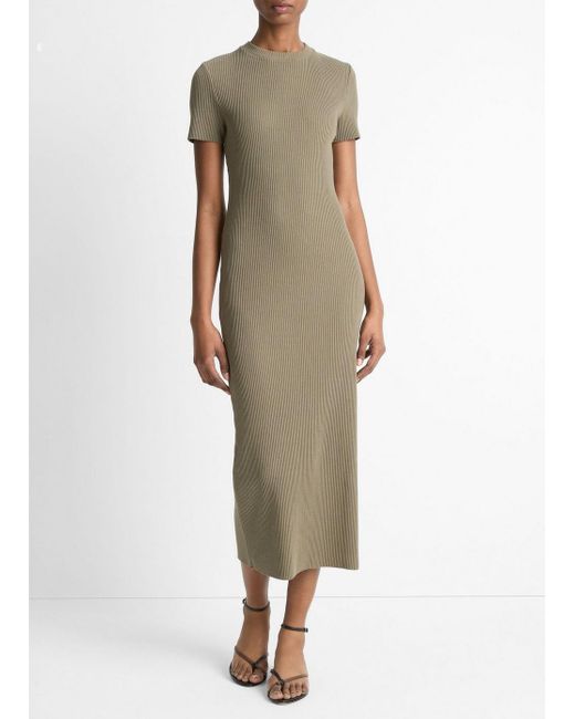 Vince Green Ribbed Cotton-Blend Crew Neck Dress