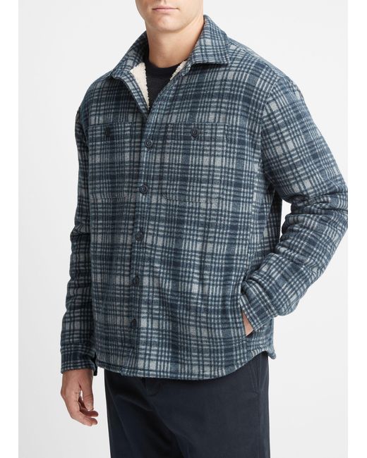 Vince Blue Plaid Sherpa Shirt Jacket, Grey, Size S for men