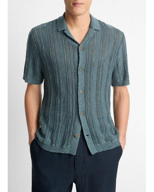Vince Blue Cotton & Linen-Blend Crochet Cabana Shirt for men