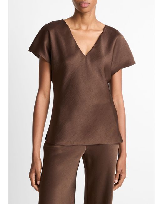 Vince Brown Satin V-Neck Blouse