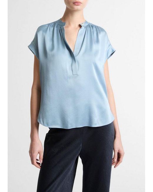 Vince Blue Silk Gathered Cap-Sleeve Blouse