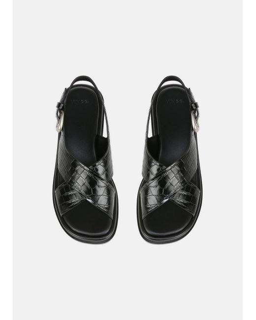 Vince White Helena Croc-embossed Leather Lug-sole Sandal, Black, Size 6.5