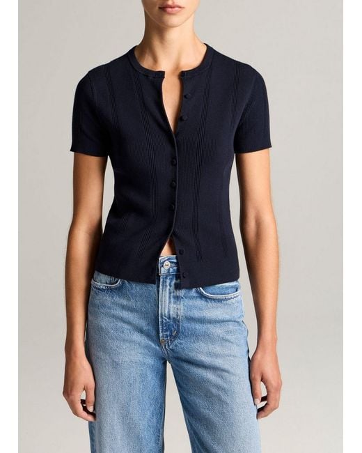 Vince Blue Ribbed Cotton Short-Sleeve Cardigan