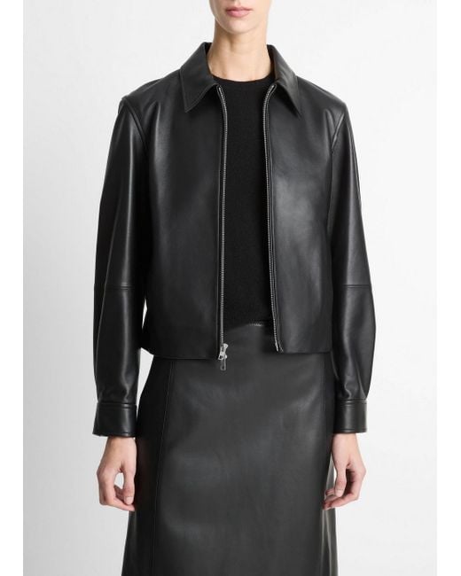Vince Black Leather Cropped Zip-Front Jacket
