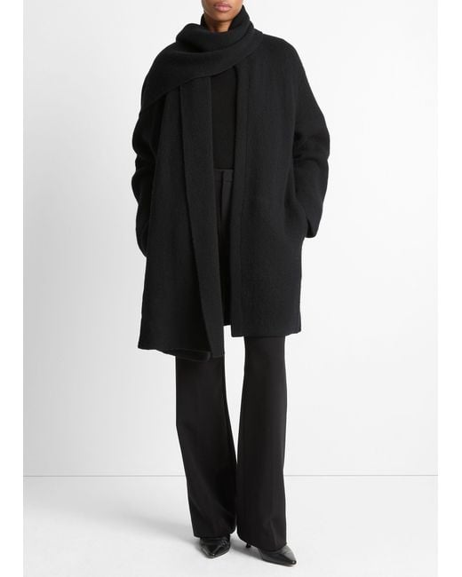 Vince Black Draped-Scarf Wool-Blend Car Coat