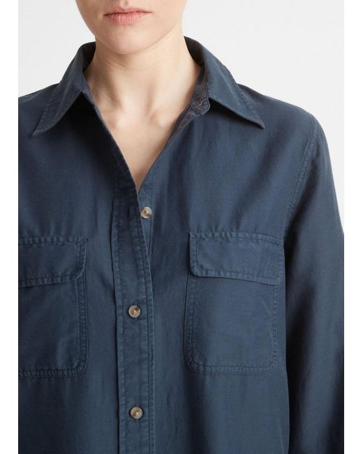Vince Cotton-silk Utility Long-sleeve Shirt, Blue, Size L