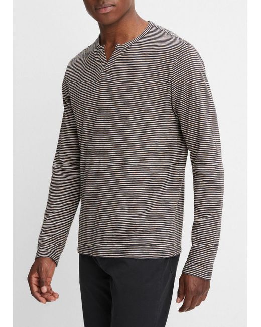 Vince Gray Striped Slub Cotton Split-neck Long-sleeve T-shirt, Multicolor, Size M for men