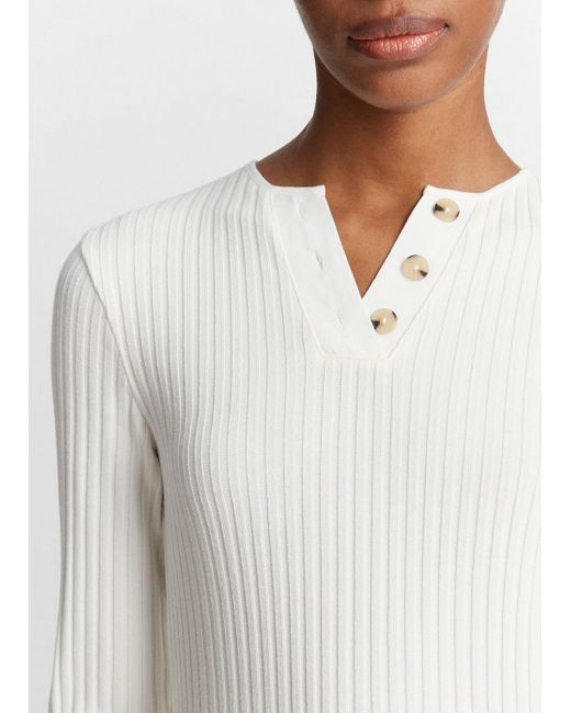 Vince Natural Ribbed Long-sleeve Henley, White, Size L