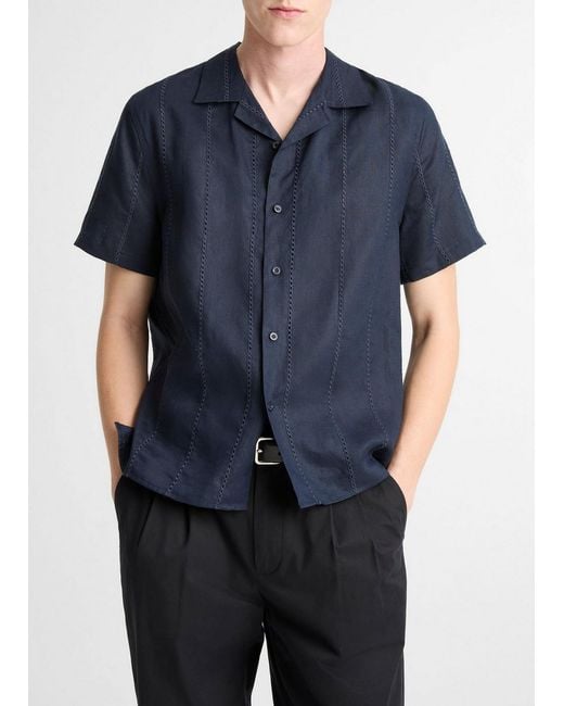 Vince Blue Eyelet Stripe Linen Cabana Shirt for men