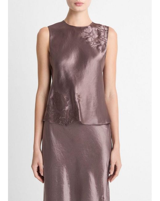 Vince Purple Floral-Embroidered Satin Shell
