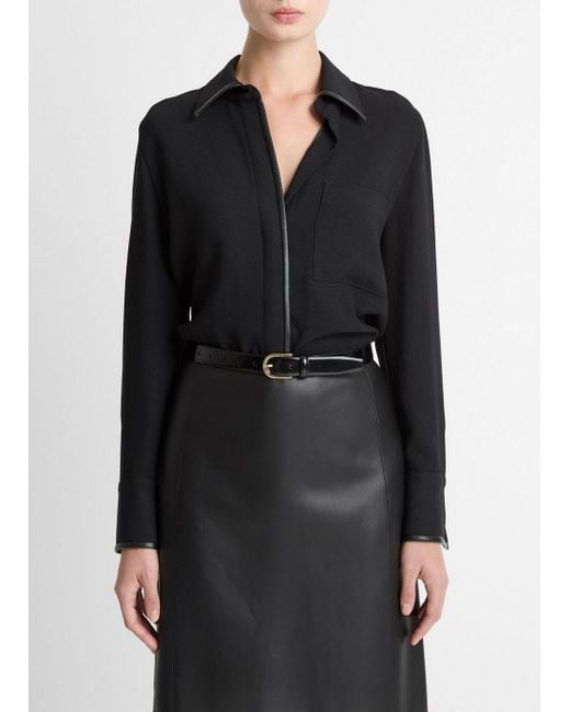Vince Black Faux-Leather-Trim Crepe Button-Front Shirt