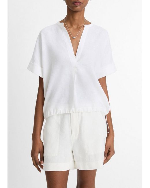 Vince White Linen Drawcord-Hem Blouse