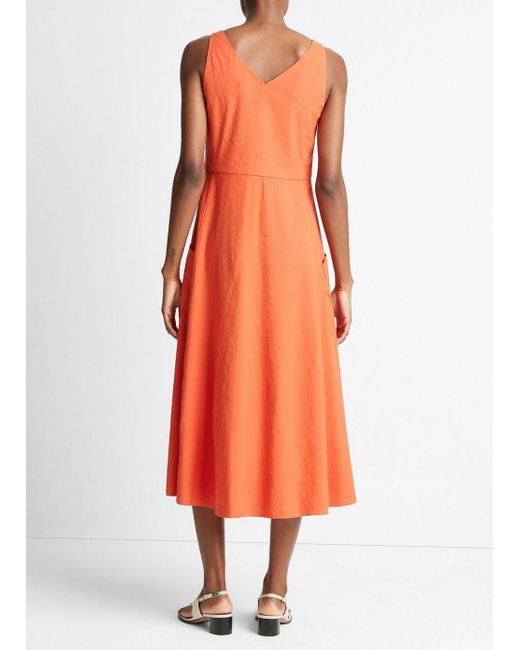 Vince Orange Relaxed V-neck Pocket Dress, Ruby Dusk, Size S